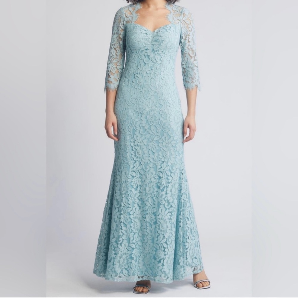 Eliza J plus size 14W Full length evening ball gown dress blue floral lace $268